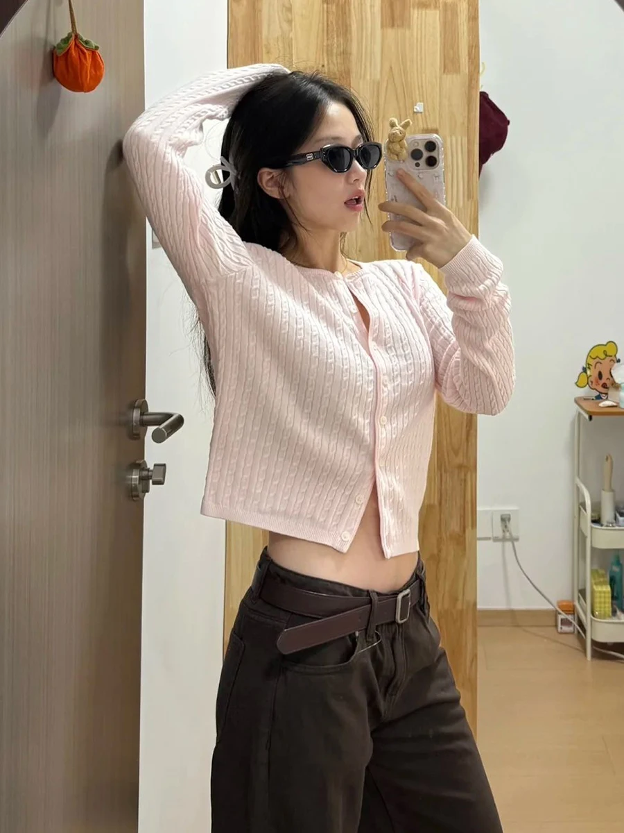Twist Flower Baby Pink Sweater Cardigan Woman Autumn O-neck Single Breasted Long Sleeve Crop Top Cotton Sweet Cute Knitwear Tops