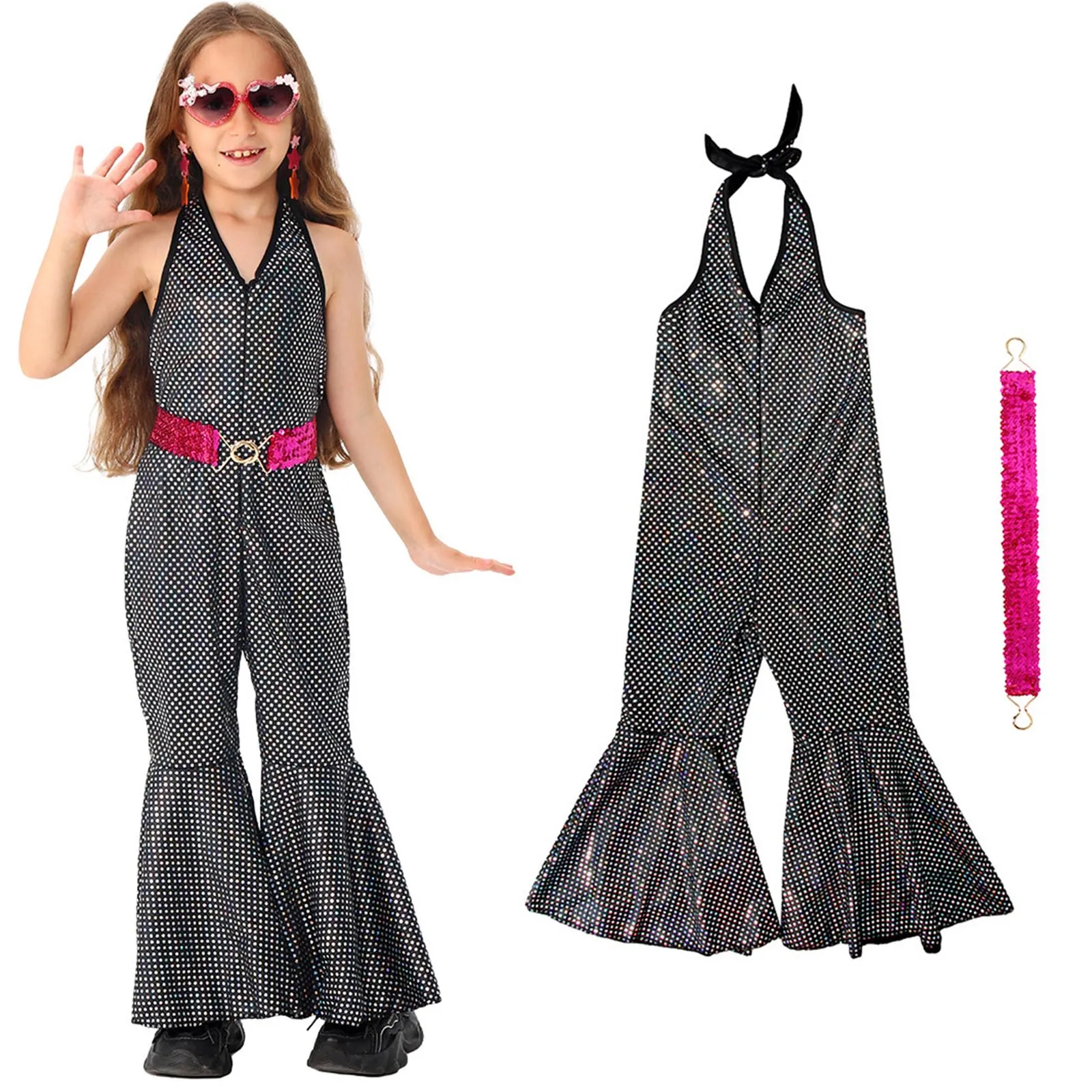 

Kids Girls 70s Disco Costume Hip-Hop Shiny Jumpsuit Flared Pants With Pink Belt Retro Hippie Outfit For Halloween Party