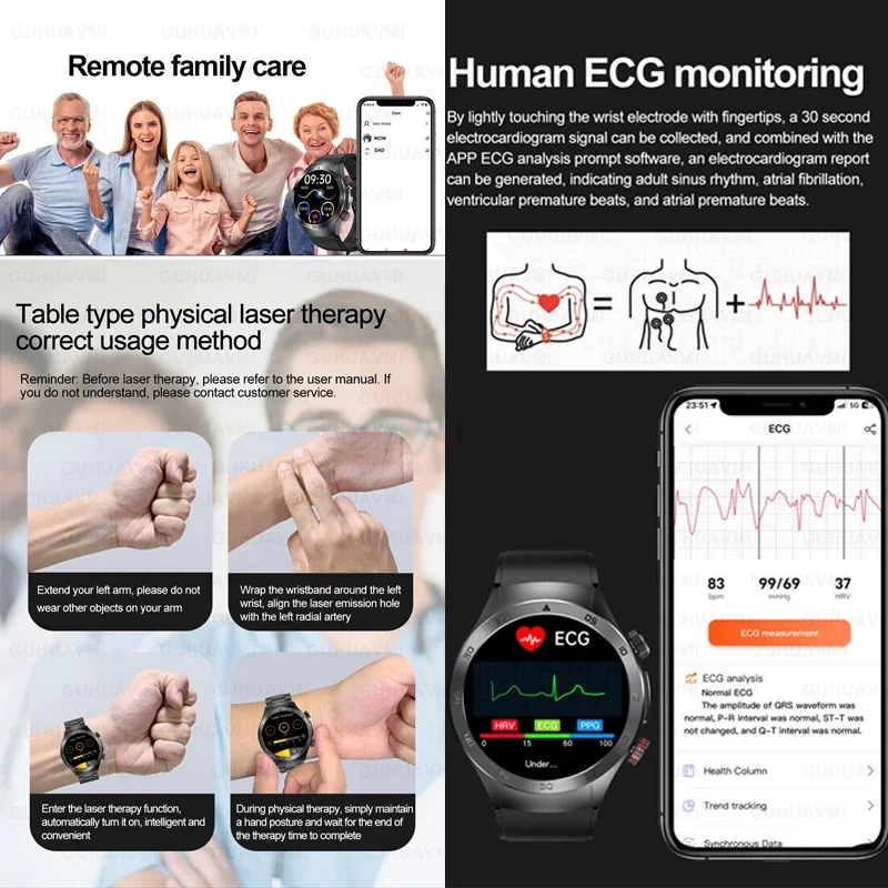 Iaser Therapy Smartwatch de saúde não invasiva para homens, relógio inteligente de açúcar no sangue e gordura no sangue, Bluetooth Call, ECG e PPG,