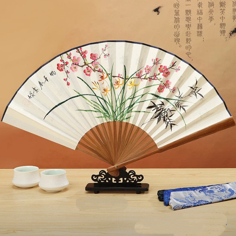 Hand Painted Peach Blossom Bamboo Bone Folding Fan for Men Women Gift Daily Fan  Lightweight Portable Fine Summer Cool