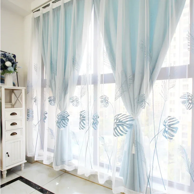 Nordic Fresh Feather Embroidered Curtains for Living Room Bedroom Double-layer Shading Girl Balcony Bay Window Simple Custom