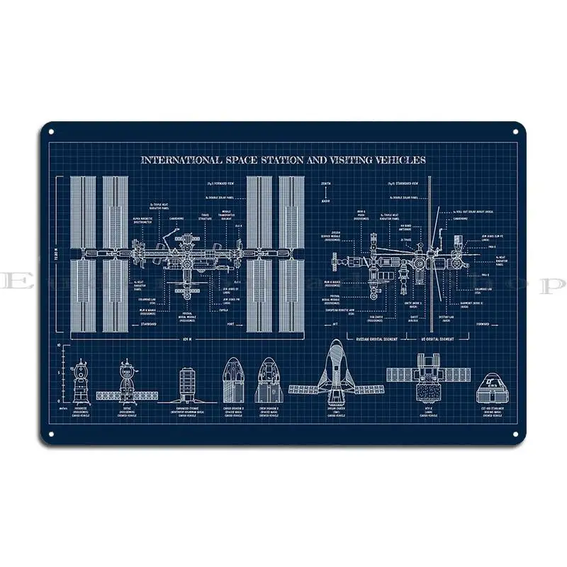 International Space Station Iss And Visiting Vehicles Navy Blueprint Metal Plaque Poster Wall Custom Wall Mural Tin Sign Poster