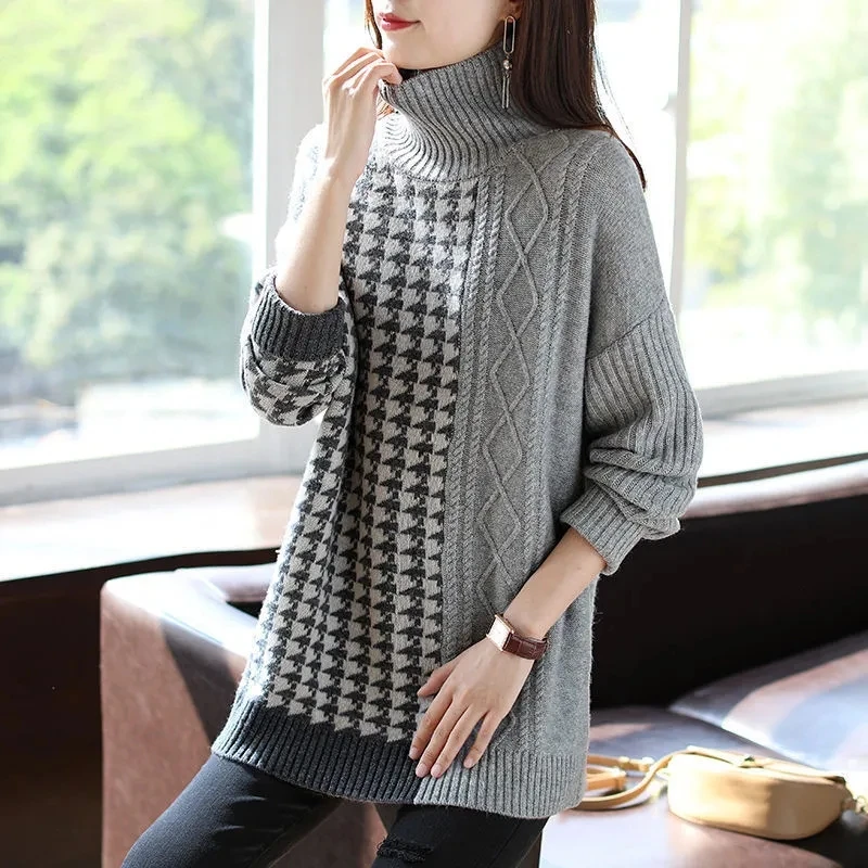 2023 Autumn/Winter Colorful Thousand Bird Checker Mid length Women's Sweater New High Neck Fashion Long Sleeve Lazy Knitted Top