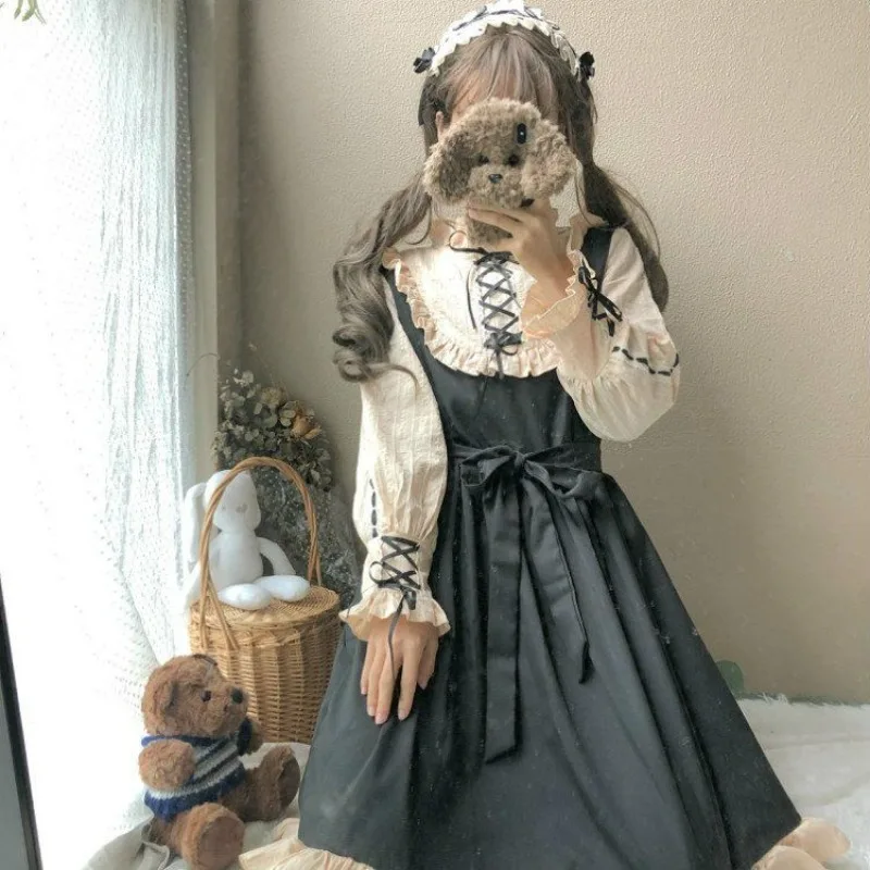 Abito vittoriano gotico Lolita OP Vintage elegante donna volant O collo fasciatura manica lunga abiti da principessa Harajuku Party Dress