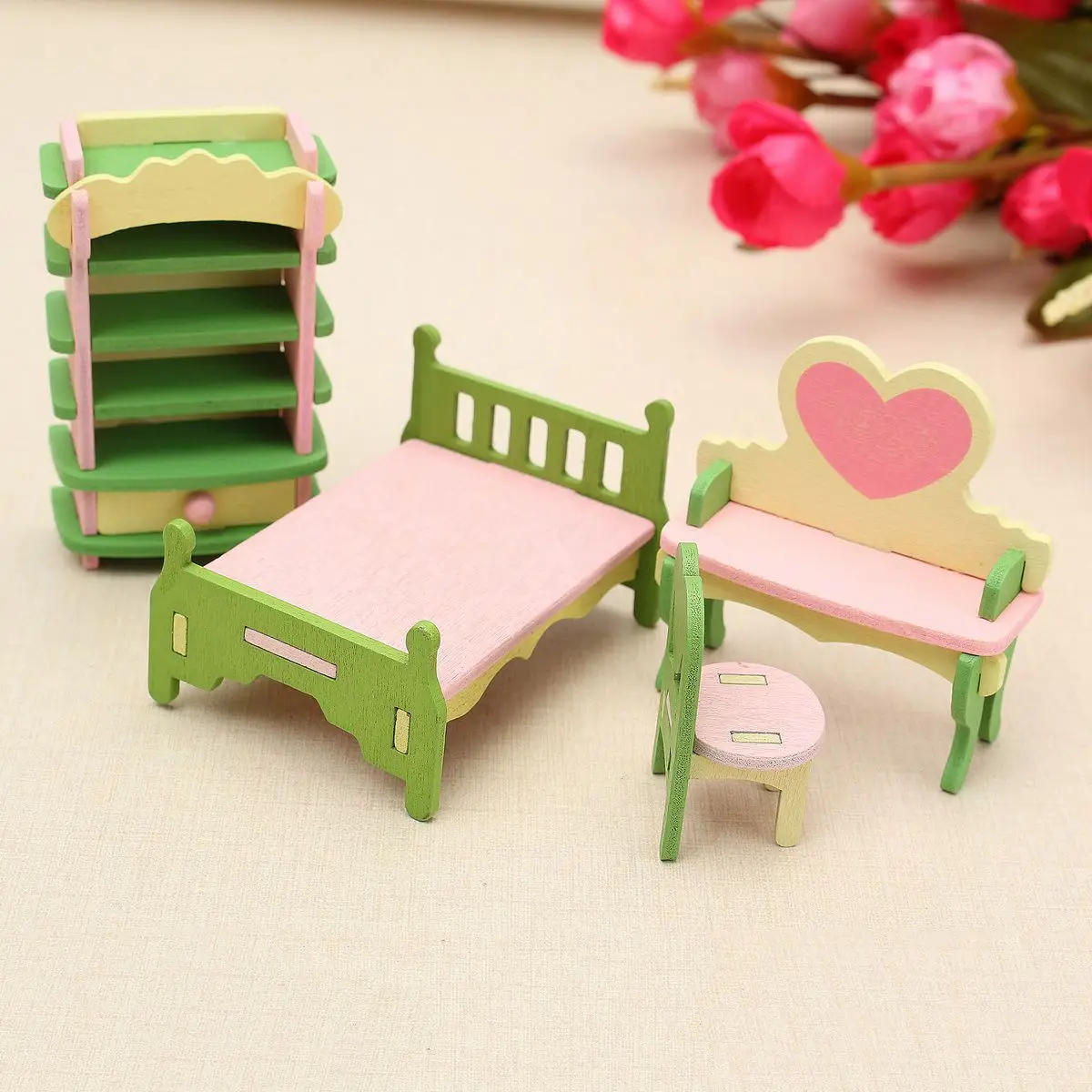 4 Set Wooden Dollhouse Miniature Furniture Puzzle Model Children Kids Toys