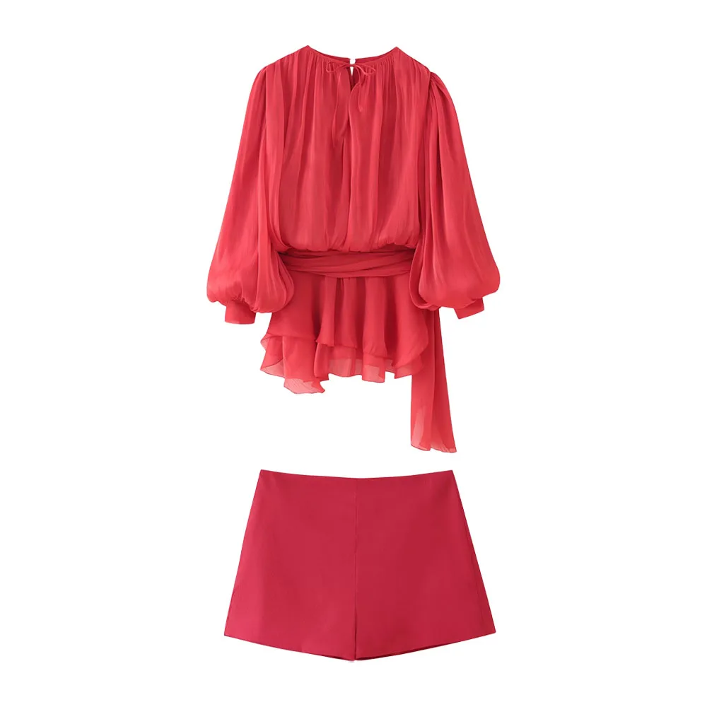 ملابس نسائية صيفية جديدة، شورت قصير بأكمام طويلة وأكمام طويلة وطيات لامعة