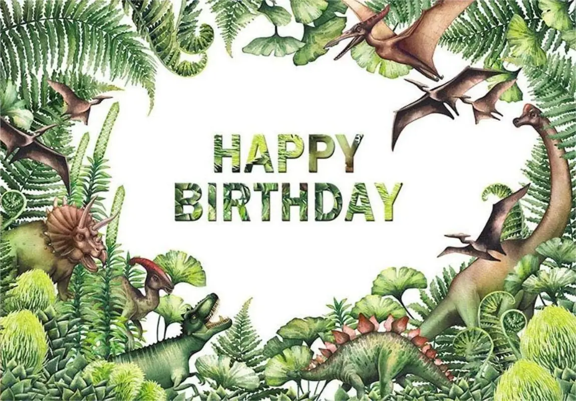 Dinosaurs Themed Background Safari Jungle Green Leaves Child Kid Happy Birthday Party Decoration Banner Backdrop for Photography