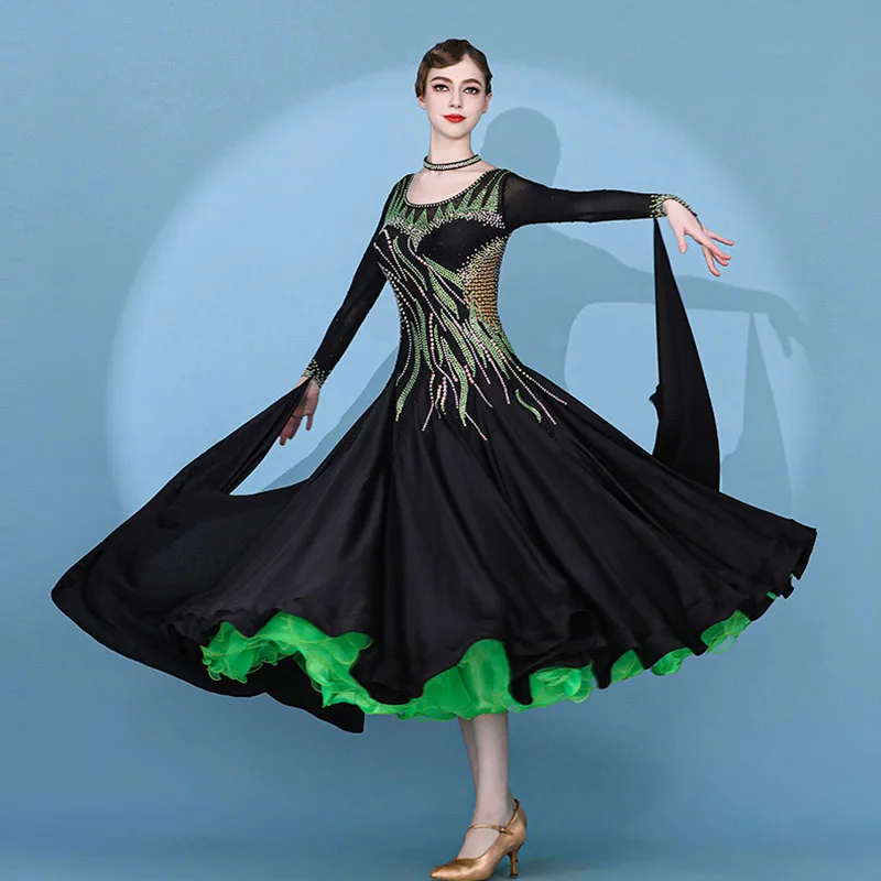 Black Custom Modern Dance dress Rhinestone Large Swing Ballroom Dance Competition Performance Costume Waltz dress