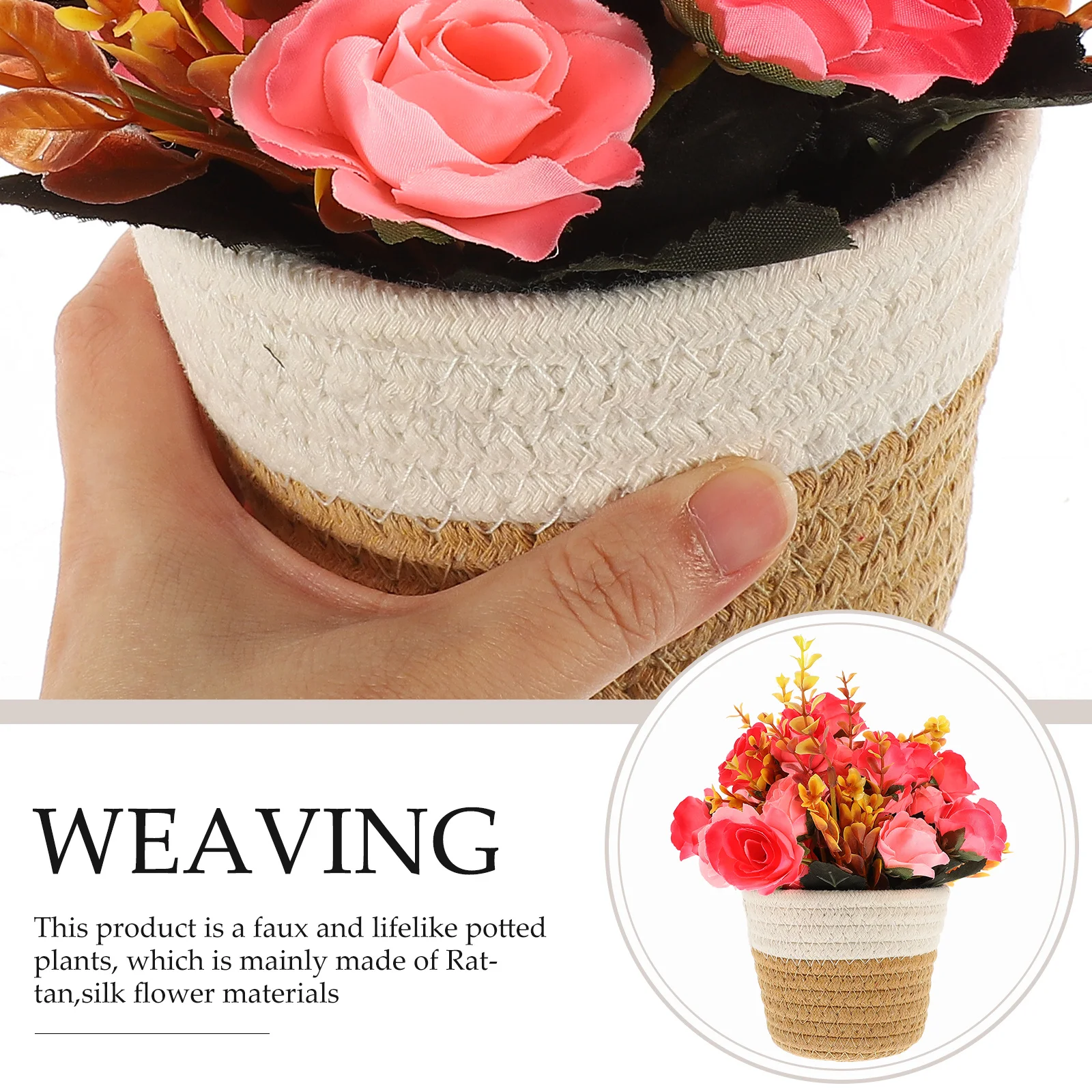 

Woven Flower Basket Fake Potted Bonsai Realistic Artificial Plant Decor for Living Desk Lightweight Simulated Silk