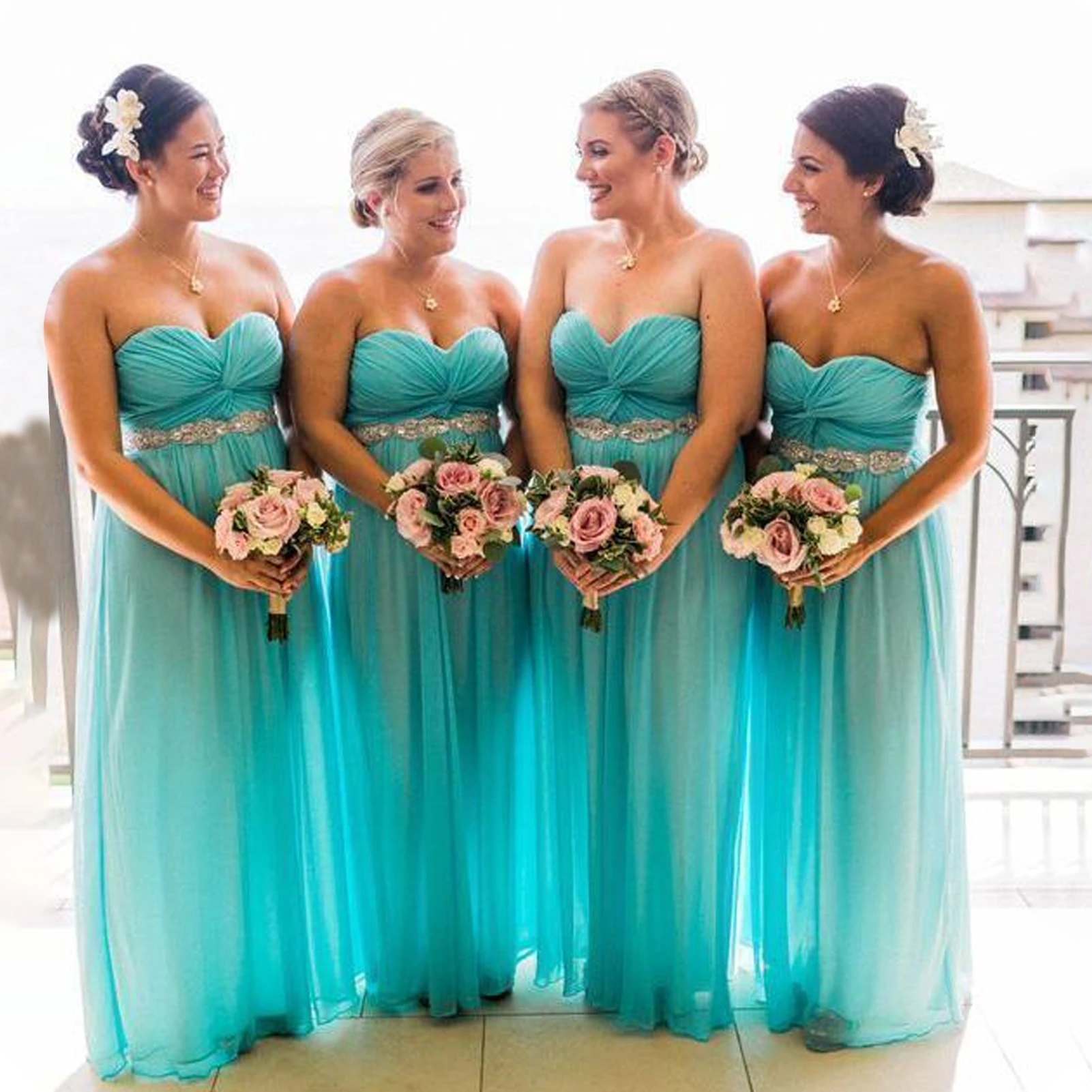 

Sweetheart Neck Turquoise Bridesmaid Dresses Sleeveless Off-Shoulder Wedding Party Dress Floor-Length Tulle Mujer Invitada Chic