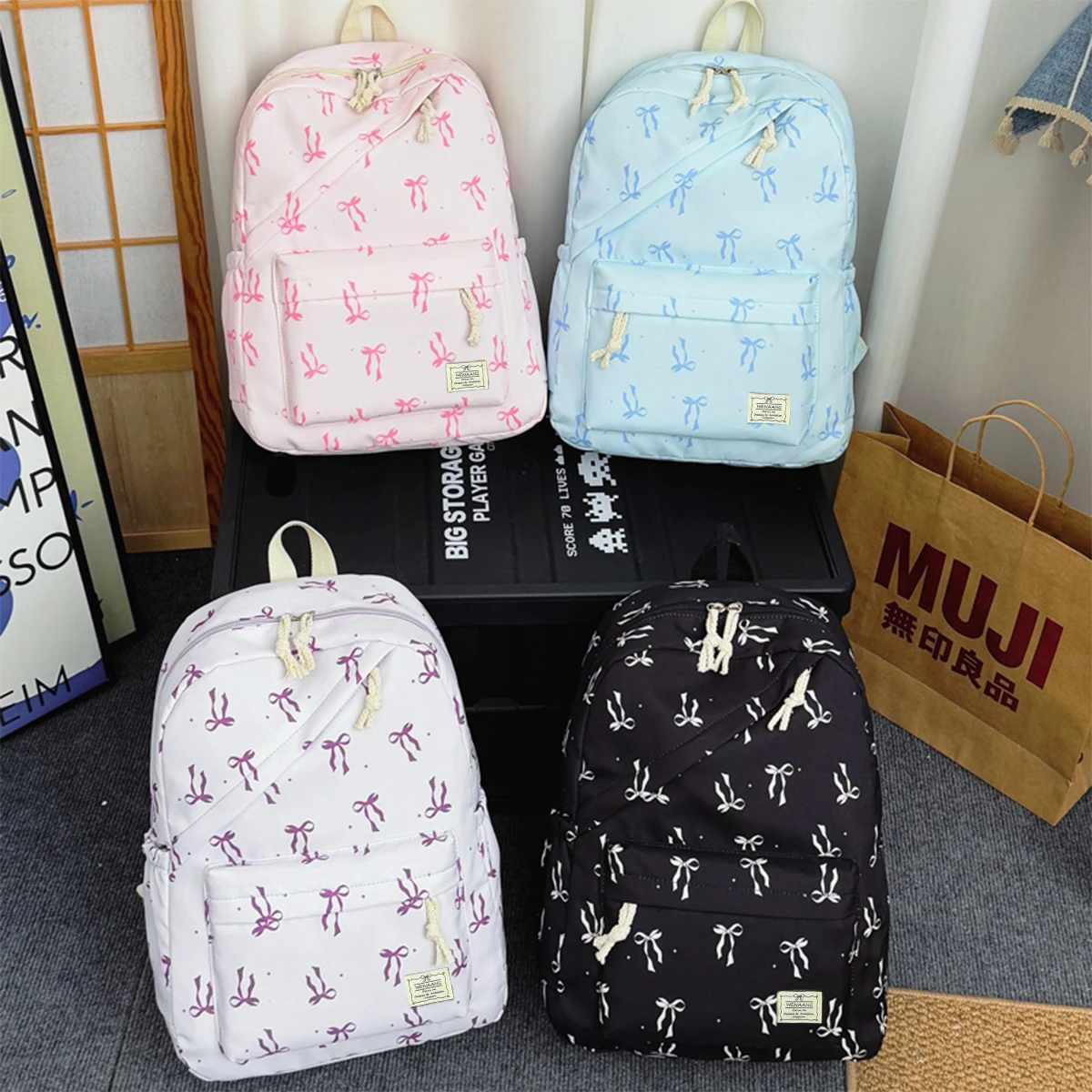 Fashionable Cute Bow Knot Polka Dot Printed Backpack Nylon Lightweight Large Capacity Casual Backpack Campus Student Backpack