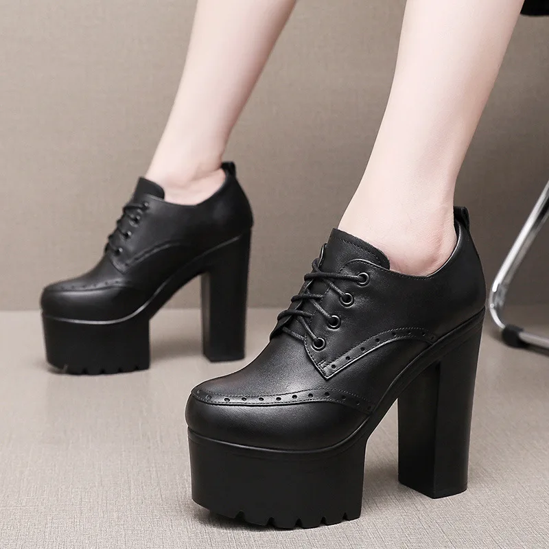 Personality British Style Carved Genuine Leather Shoes Woman Pumps New Plus Velvet Winter High Heels 8 /10 /14 Cm