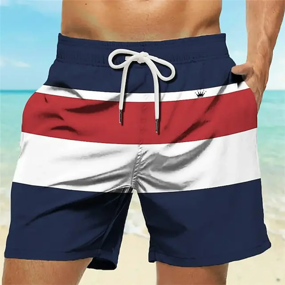 Men\'s Striped 3D Printed Swim Shorts Crown Logo Design Elastic Waistband Hawaiian Style Beach and Vacation Summer 2024