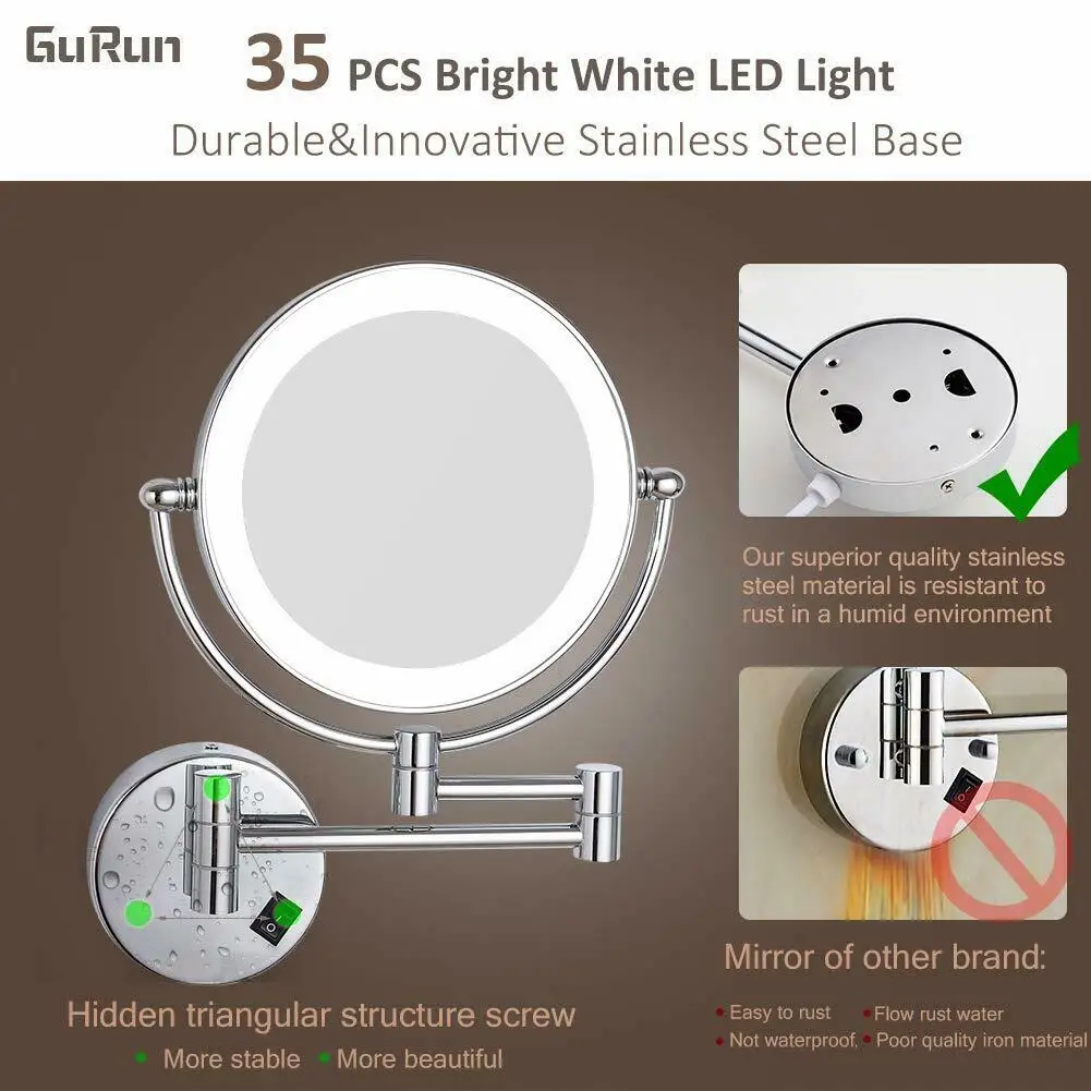 GURUN 8-Polegada Chrome 360 Girar Wall Mounte LED iluminado parede Vanity maquiagem espelhos com 3/5/7/10X magnífico banheiro