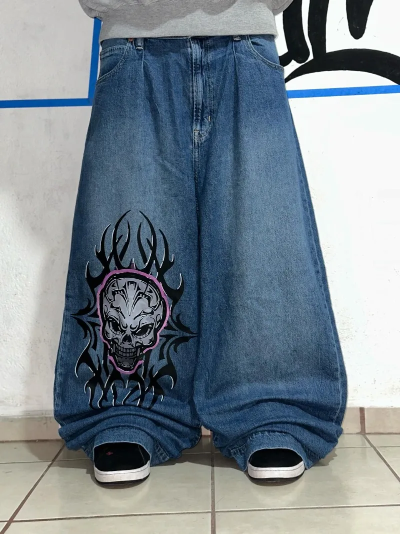 90s Light Blue Washed Distressed Jeans Skeleton Gothic Baggy Trousers Streetwear Hip Hop Punk Rock Waist Stretch Denim Pants