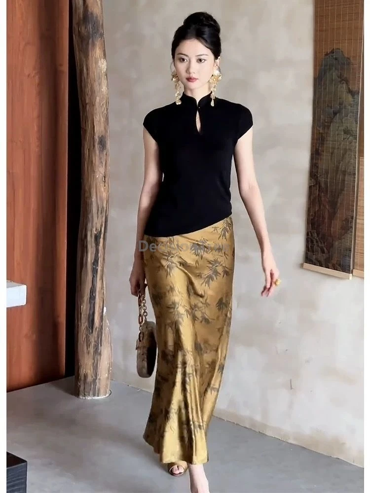 

Элегантный улучшенный черный комплект из топа-ципао с юбкой с принтом, повседневный китайский женский комплект из двух предметов, универсальный топ с застежкой-дисковой пряжкой