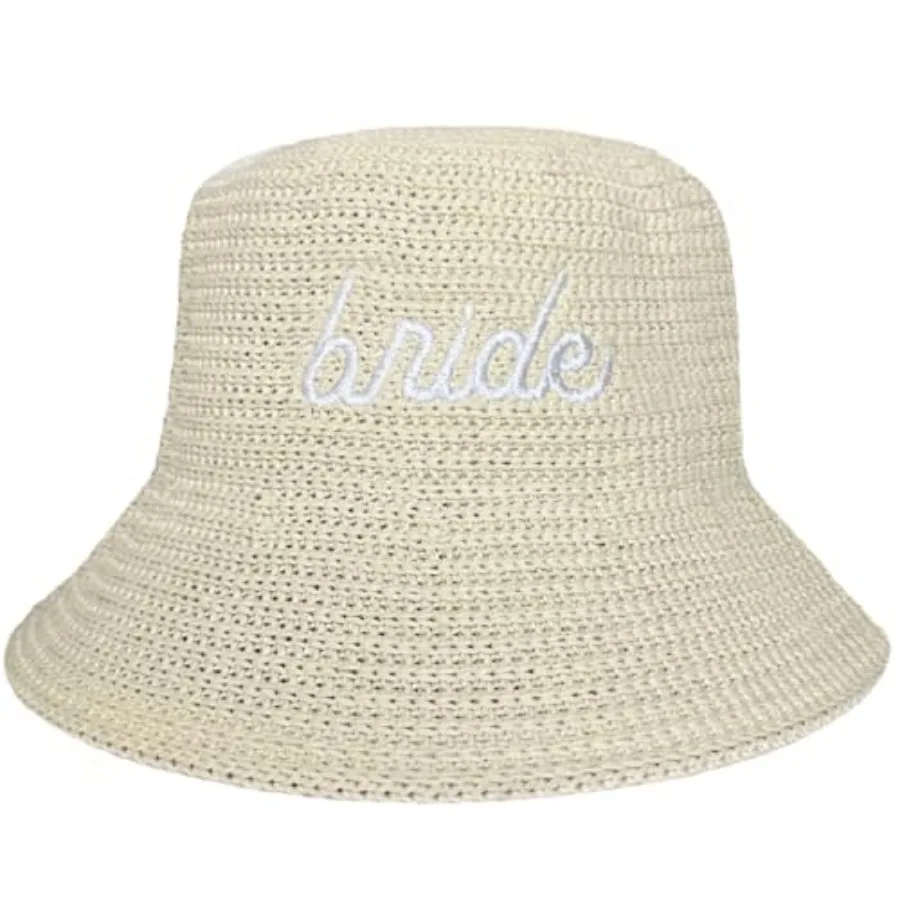 

Bride Straw Bucket Hat Brown Beach Hat Bachelorette Accessory Bridal Headwear Bach Party Decorations Wedding Cap