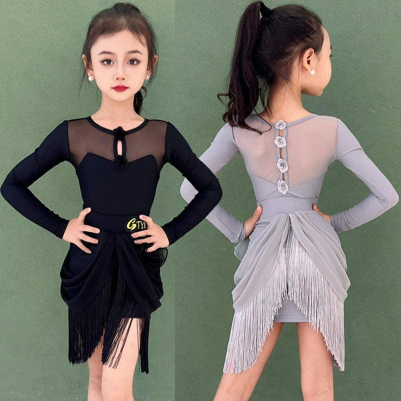 

Линейный танцевальный костюм, новые продукты, серый Линейная танцевальная юбка, одежда для выступлений, сценический костюм, женская детская одежда, юбка с бахромой для девочек
