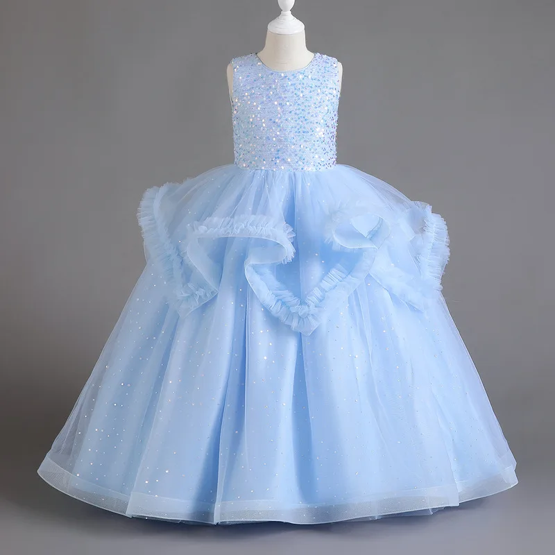 

Children Girls Sequin Ruffled Tulle Princess Dress For Teens Wedding Birthday Party Pageant Prom Performance Ceremony Maxi Gown