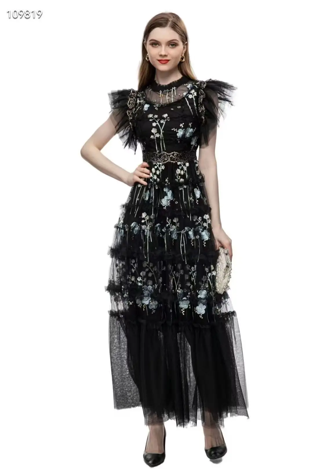 Summer New Fairy Style O-neck Beading + Lotus Leaf Edge Splicing Short Sleeved Popular High Waisted Women's Dress  S-3XL