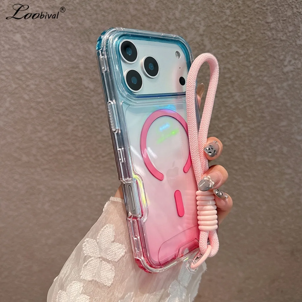 MagSafe Gradient Zweifarbige Lanyard-Hülle für iPhone 17 16 15 Pro Max Air 14 Plus 11 12 13 mit Handschlaufe und Acryl-Abdeckung