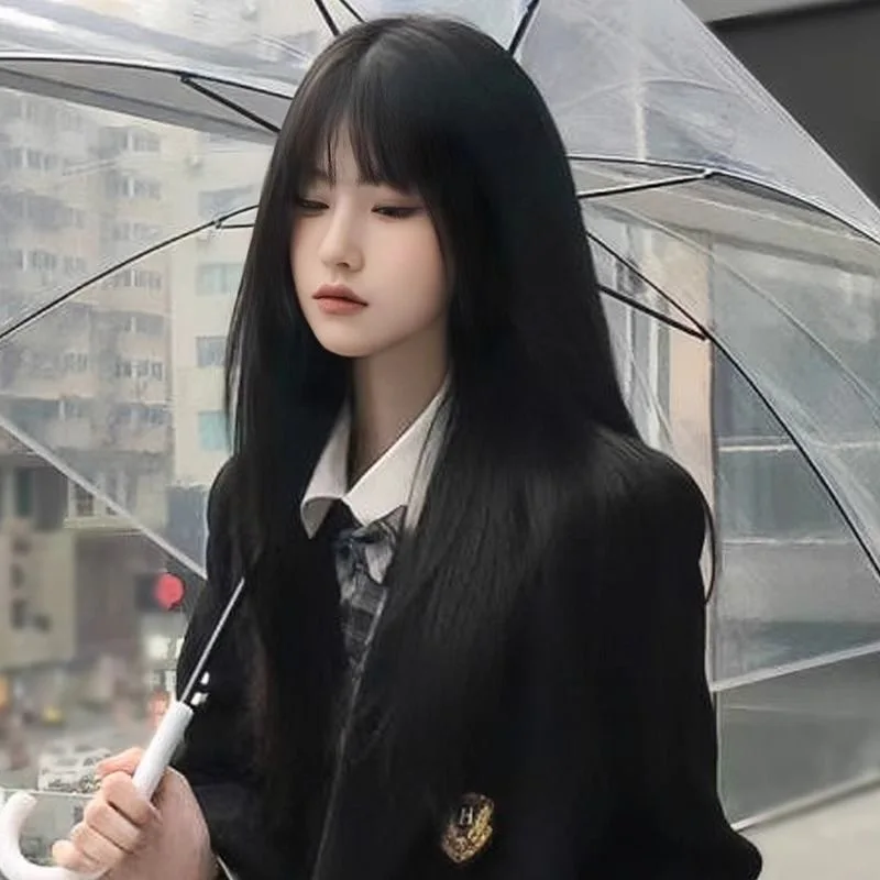 Synthetic Long Straight Black Wig with Bangs for Women Natural Look Universal Cosplay KPO-P Star Style Anime Costume Heat
