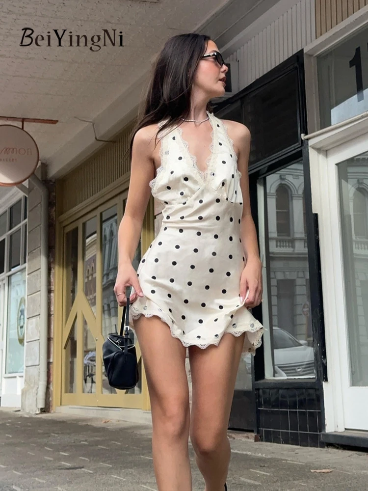 Beiyingni 여성 v 넥 드레스 도트 인쇄 레이스 스플 라이스 새틴 슬림 허리 짧은 a 라인 드레스 숙녀 섹시한 백 레스 Y2k Vestidos