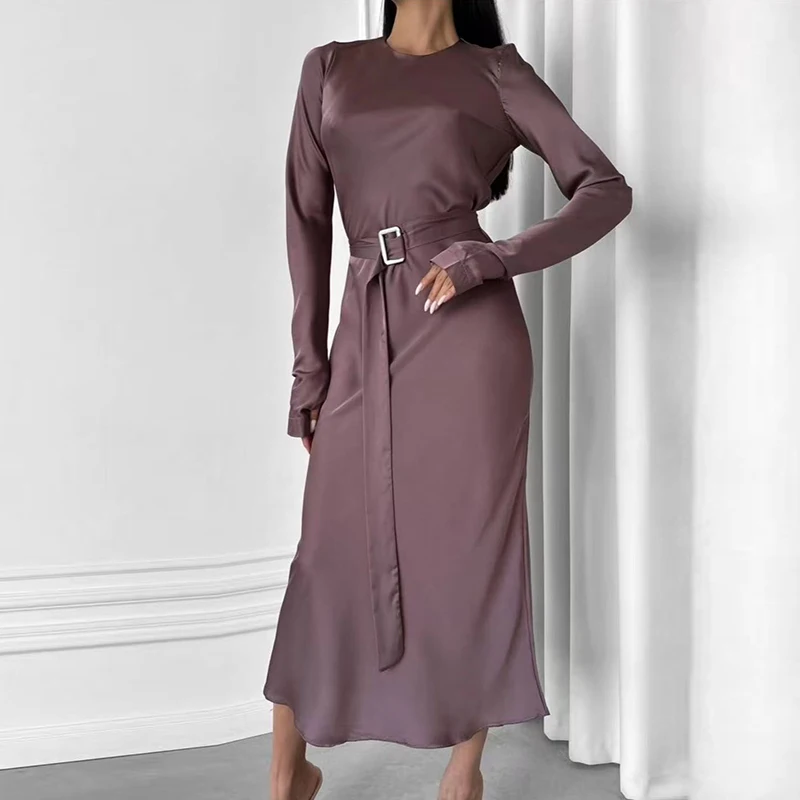 2026 nueva primavera vestido de oficina de manga larga High Street Color sólido con cordones vestido de mujer cuello redondo ajustado banquete A-line vestidos