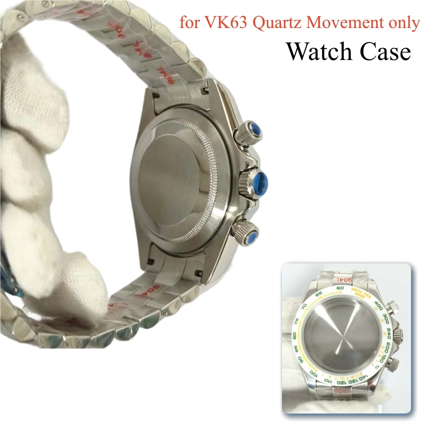 39mm Quartz Watch Case for VK63 Quartz Movement only  Watch Shell Stainless Steel Beaded Strap Solid Back Watch Accessories