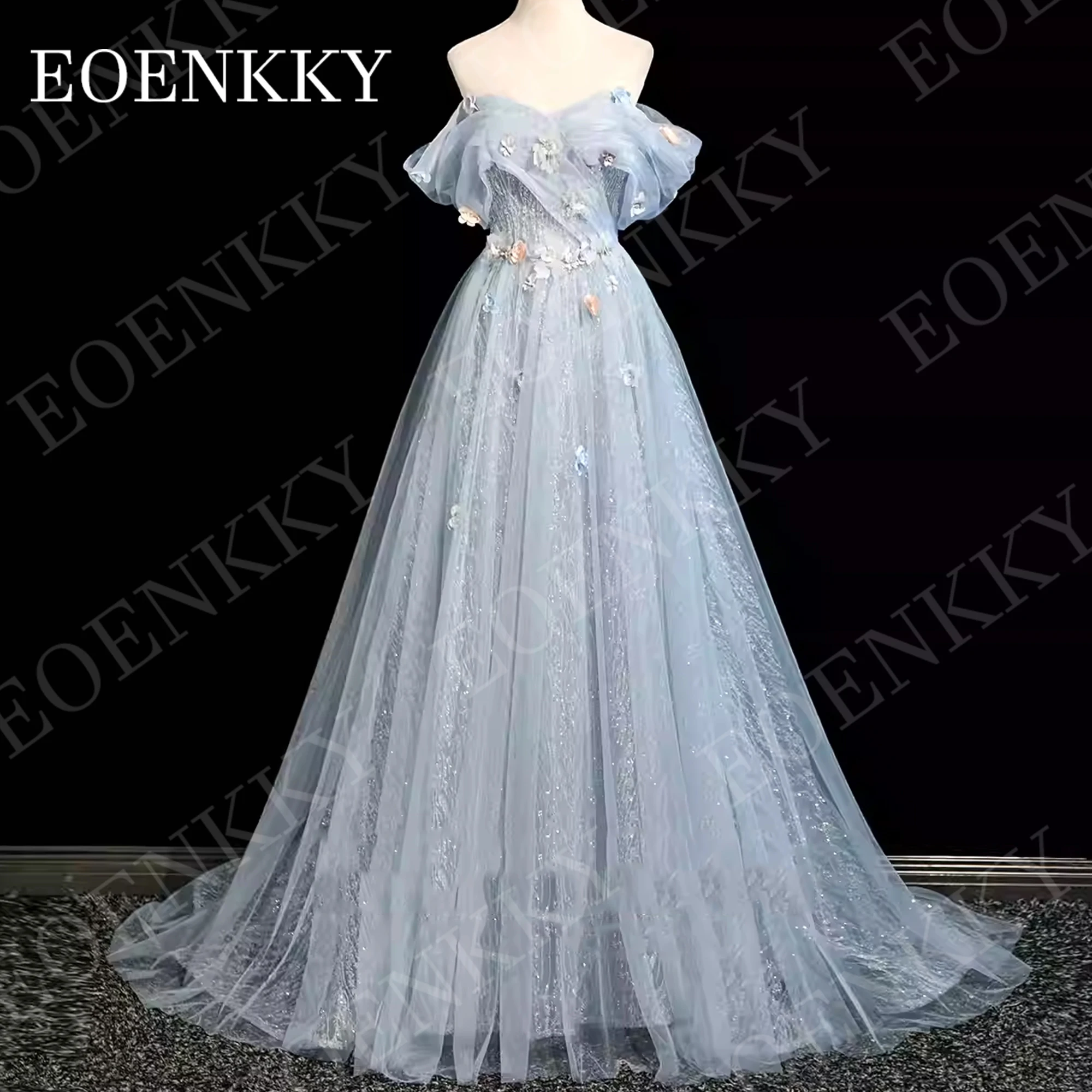 

EOENKKY Luxury Off Shoulder Evening Dress A Line Woman Fairy Glitter Tulle 3D Floral Prom Dresses Sparkly Customized Blue 2026
