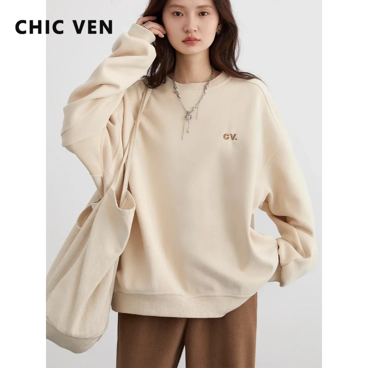 CHIC VEN Women\'s Sweatshirts O Neck Loose Casual Thick Warm Plush Coat Letter Embroidered Pullover Female Top Winter Autumn 2023