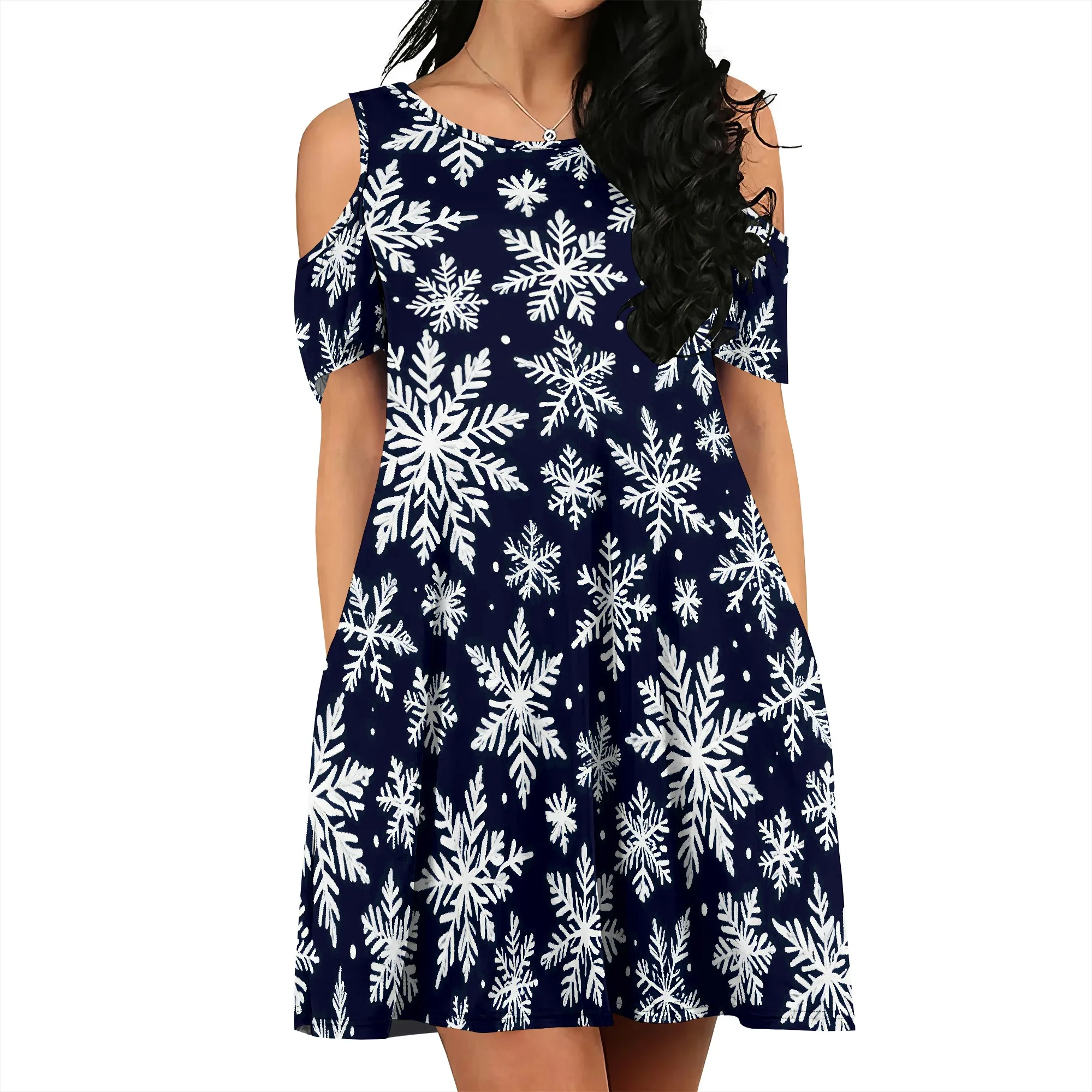 Womens Summer Cold Shoulder Floral Flowy T-Shirt Dress with Pockets