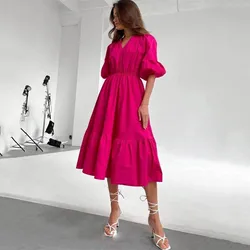 New Stylish Klein Blue Dresses Female Summer Commuter Style V Neck Puff Sleeve High Waist Elegant A-line Ruffle Fold Maxi Dress