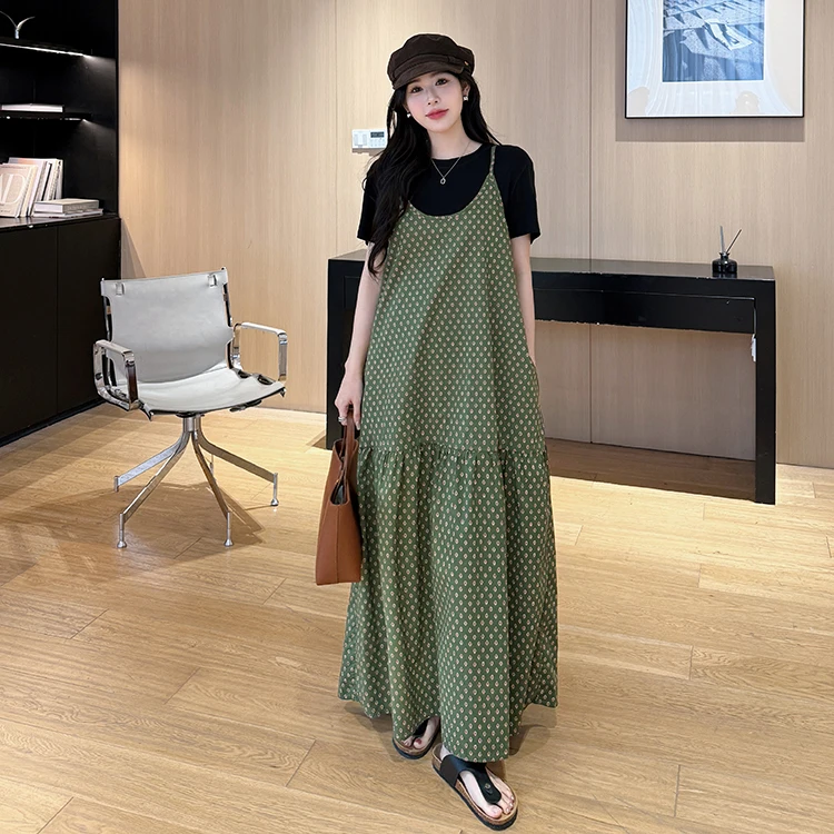 Été à pois ter Dr femmes ample a-ligne T-shirt jupe longue deux pièces ensemble rue Sle tricoté coton Polyester