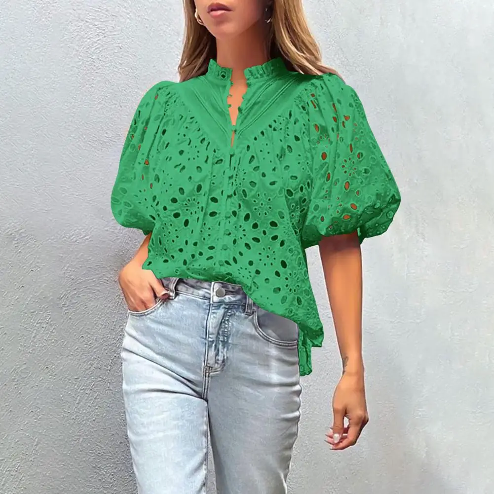 Lantern Sleeve Top Stylish Women\'s Summer Tops V-neck Lantern Sleeve Shirt Embroidered Blouse Streetwear Fashion Women Blouse