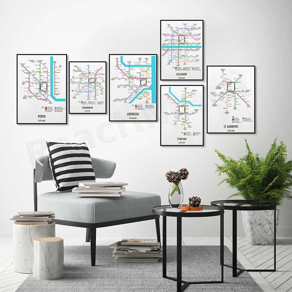 Perth Perthshire, Dundee Scotland, Falkirk, Edinburgh Midlothian, St Andrews Scottish subway style traffic street map poste