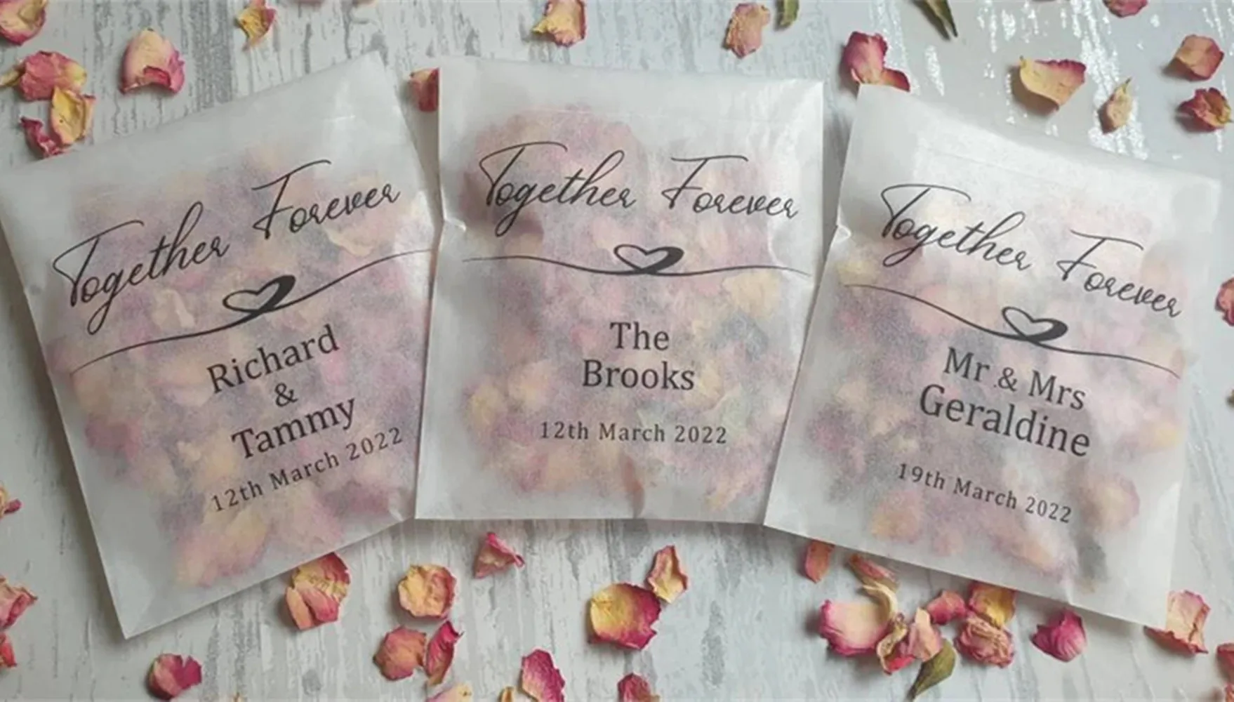 

50 Biodegradable Confetti. Together forever Personalised Printed Pre filled packets. Wedding confetti.Petal confetti Cones