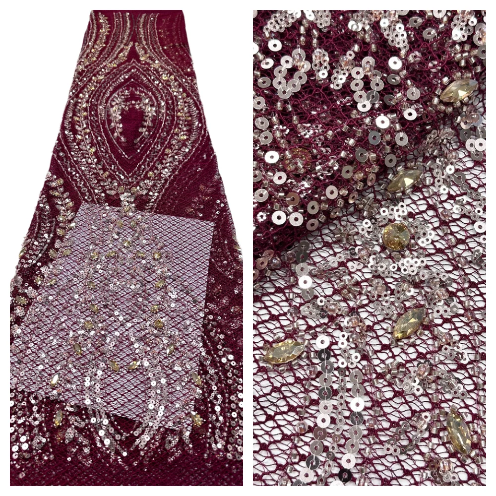

5Yards African Bridal Lace Fabric with Sequins Beaded Embroidery High Quality French Tulle for Wedding Groom Nigerian Style