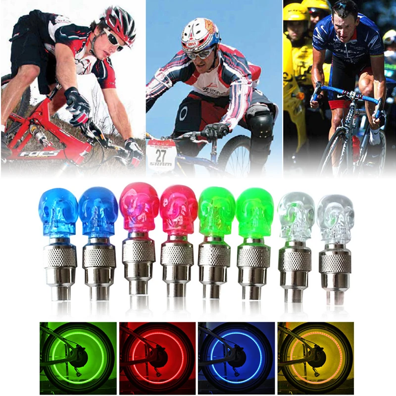 2PCS Moto Bike Tire Valve Cap Skull Shape Light Multifuction Bicycle Car Wheel Neon LED Lamp Bulb Night Haze Weather Safe Riding