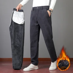 Winter Corduroy Pants Men Elastic Straight Cut Fleece Lined Trouser Male Casual Business Thermal Warm Classic Thick Work Black