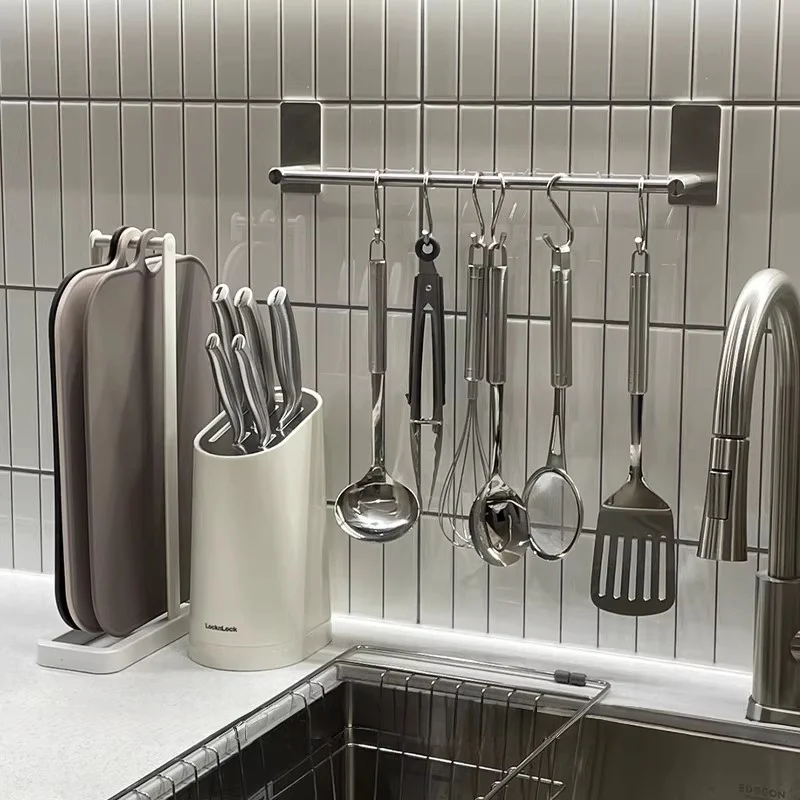 

304 Stainless Steel Towel Rack Wall Mounted Kitchen Organizer Multi-Hook Utensil Holder for Spatulas Space-Saving Storage Rack