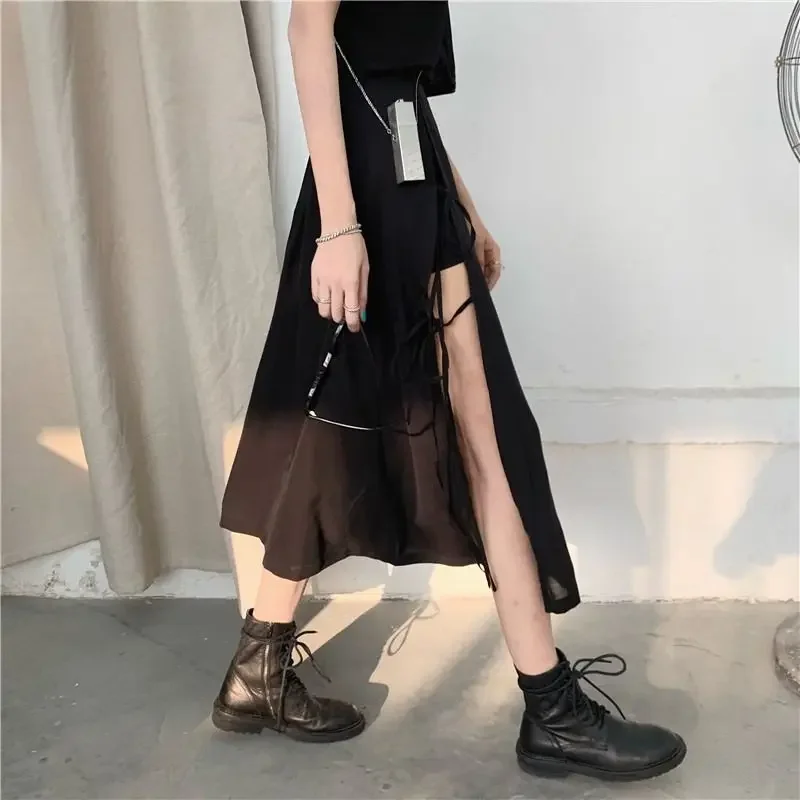 Vintage Dark Gothic High Split Mid-Calf Skirts Women Elegant Fashion Party Club High Waist Femme Bottom Streetwear Goth Skirt