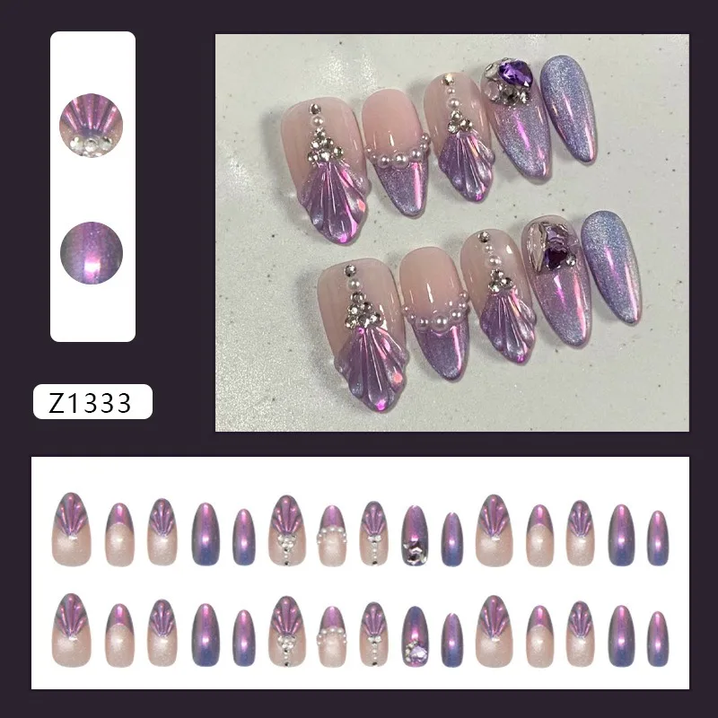 24 Pcs 3D Fish Tail Pearl French Fake Nails Girl Cat's Eye Press on Nails Nail Tips Adhesive Ready-made Artificial Finger Nails