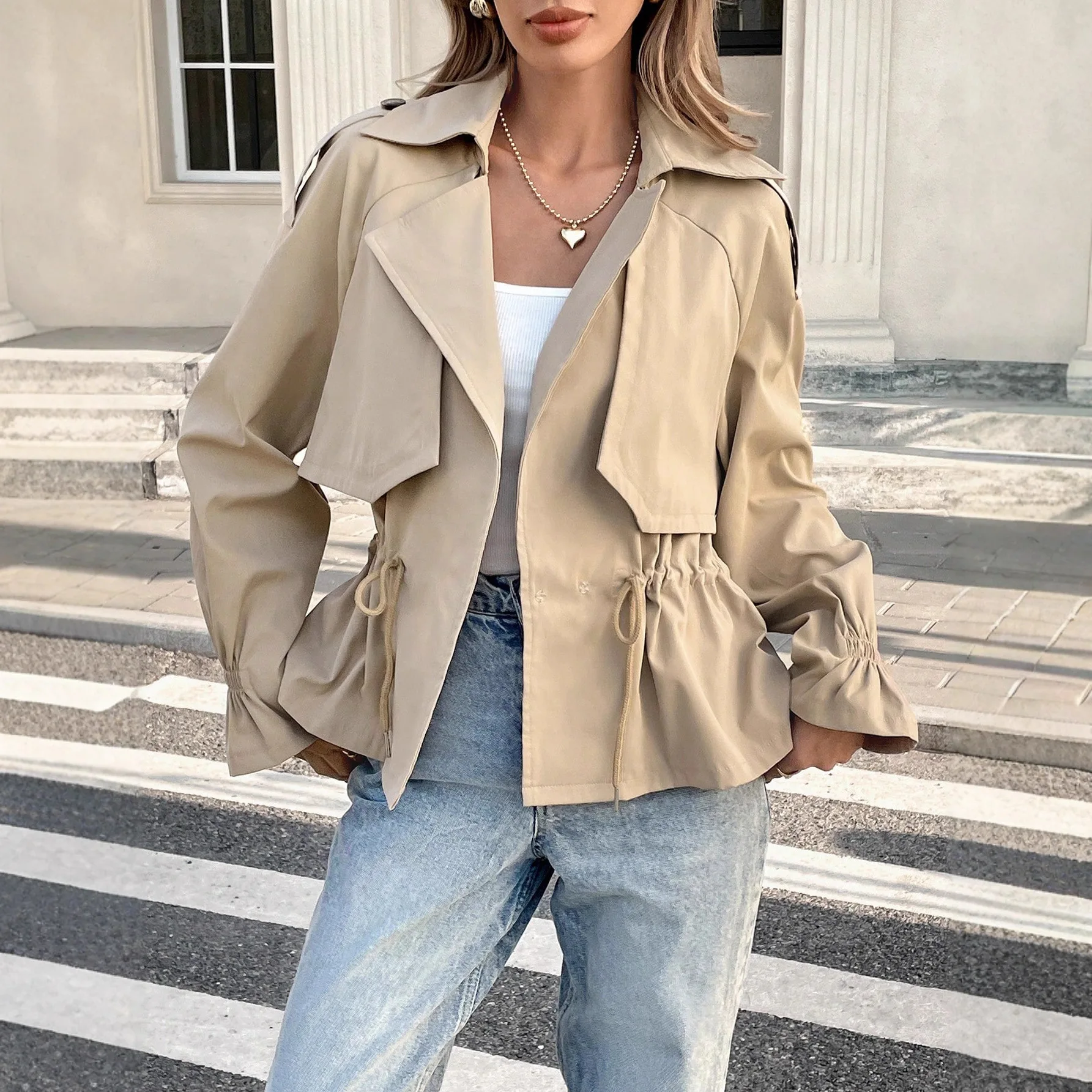 Elegant Short Trench. Coat With A Turn-down Necklace For Women, New Run! And Autumn. Style, With A Drawstring Waist, Loose Fit,