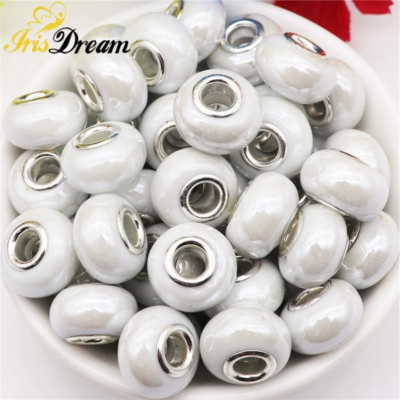 10Pcs 14mm Porcelain Beads China Color Ceramic 5mm Large Hole European Beads fit for Bracelet Necklace Pen Craft Garden Stakes