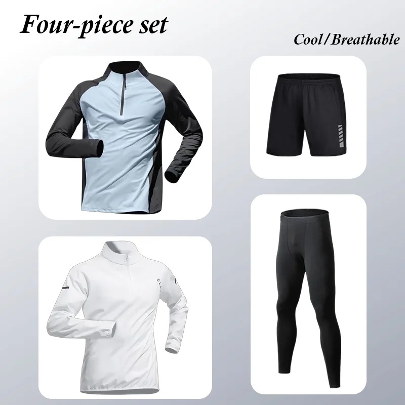 

Мужской быстросохнущий спортивный комплект для лета: футболка с длинным рукавом на молнии для тренировок на открытом воздухе, бега, фитнеса, велоспорта и занятий в спортзале
