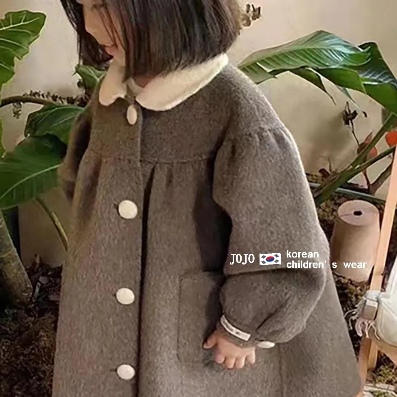 Girls Gray Woolen Coat 2024 Winter New Children Baby Doll Collar Cashmere Fashion Simple Casual Coat Korean Simple Style