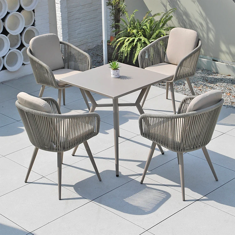 Foshan Wicker Rattan Plastic Rope Garden Dining Table And 4 Chairs Set Patio Outdoor Furniture Factory Wholesale