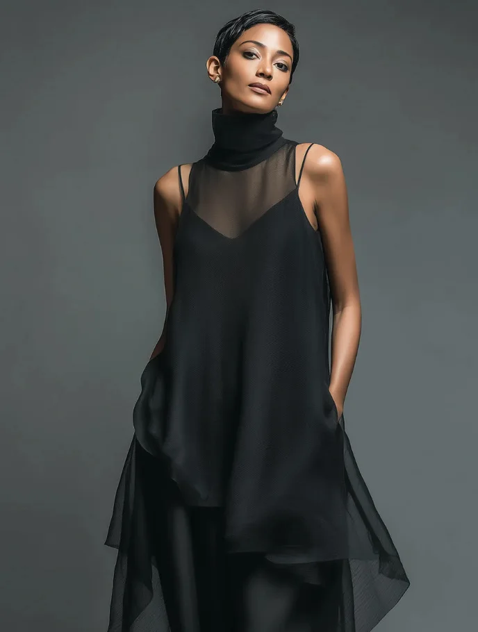 Elegantes Damen-Set mit Transparentem Mesh-Oberteil und Weiter Hose - Zweiteiliges Outfit mit Hohem Kragen, Ärmellosem Top und Langer Tunika