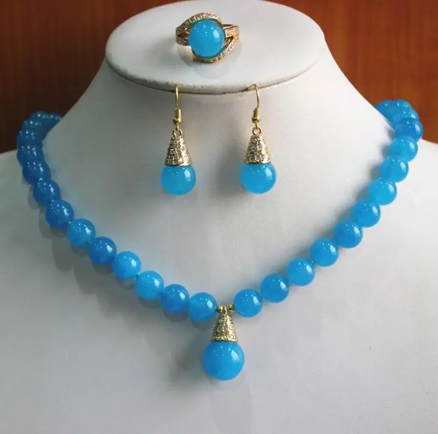 

best gift jewelry set!Wholesale factory price Women's blue semi-preciousNatural jade Necklace earring ring(7/8/9